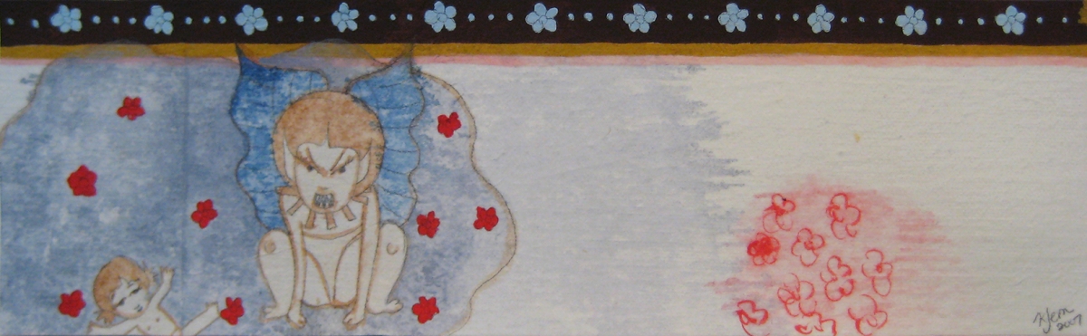 Artwork by Kyung Jeon titled Little Treasures - Fair-Goyles, 2007, Gouache, graphite, watercolor on rice paper on canvas, 3.75 x 12 inches, 9.5 x 30.5 cm