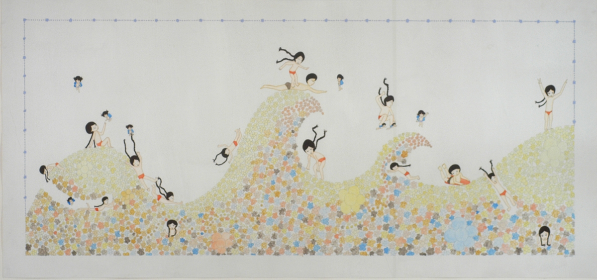 Artwork by Kyung Jeon titled Surf, 2007, Gouache, graphite, watercolor on rice paper on canvas, 24.75 x 54 inches, 62.9 x 137.2 cm