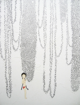 Artwork by Kyung Jeon titled Hiding in the Vines, 2006, Gouache, graphite on rice paper on canvas (on stretchers), 24 x 18 inches, 61 x 45.7 cm
