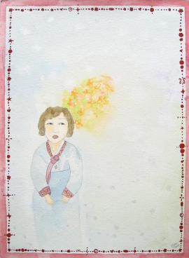 Artwork by Kyung Jeon titled Mother at Wedding, 2006, Gouache, graphite, watercolor, acrylic ink on rice paper on canvas, 13 x 9.5 inches, 33 x 24.1 cm