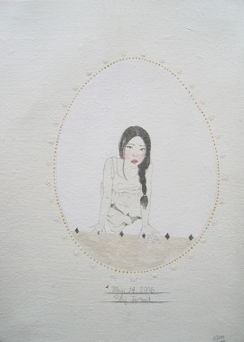 Artwork by Kyung Jeon titled Self-Portrait, 2006, Gouache, graphite, watercolor, acrylic ink on rice paper on canvas, 13 x 9.5 inches, 33 x 24.1 cm