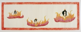 Artwork by Kyung Jeon titled Blazed at the Stake, 2007, Gouache, graphite, watercolor on rice paper on canvas, 25.25 x 69.25 inches, 64.1 x 175.9 cm