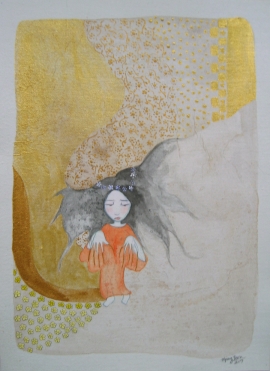 Artwork by Kyung Jeon titled Fairy Gold, 2007, Gouache, graphite, watercolor on rice paper on canvas, 13 x 9.5 inches, 33 x 24.1 cm