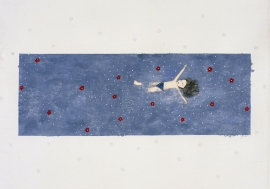 Artwork by Kyung Jeon titled Floating with Flowers, 2007, Gouache, graphite, watercolor on rice paper on canvas, 17.5 x 25.125 inches, 44.5 x 63.8 cm
