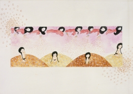 Artwork by Kyung Jeon titled Gold Melancholia, 2007, Gouache, graphite, watercolor on rice paper on canvas, 17.5 x 25 inches, 44.5 x 63.5 cm