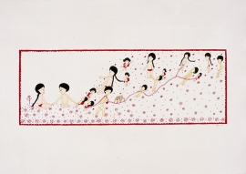 Artwork by Kyung Jeon titled Pulling Away, 2007, Gouache, graphite, marker on rice paper on canvas, 17.5 x 25 inches, 44.5 x 63.5 cm