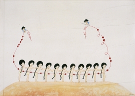 Artwork by Kyung Jeon titled Sewing Belly, 2007, Gouache, graphite, watercolor on rice paper on canvas, 17.5 x 25 inches, 44.5 x 63.5 cm