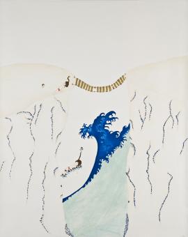 Artwork by Kyung Jeon titled Chapter 6-Blinded By Clouds Of Sorrow The Girl Falls Over The Cliff's Edge, 2008, Gouache, graphite, watercolor on rice paper on canvas, 43.75 x 34.75 inches, 111.1 x 88.3 cm