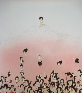 Artwork by Kyung Jeon titled Pushing Down, 2008, Gouache, graphite, watercolor on rice paper on canvas, 26 x 23.5 inches, 66 x 59.7 cm