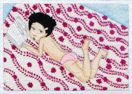 Artwork by Kyung Jeon titled Photo Album: Girl with Pink Barrette - Reading On Bed, 2008, Gouache, graphite, watercolor on rice paper on canvas, 3 x 4.25 inches, 7.6 x 10.8 cm