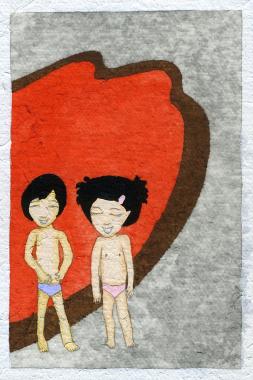 Artwork by Kyung Jeon titled Photo Album: Girl with Pink Barrette - Red Lake, 2008, Gouache, graphite, watercolor on rice paper on canvas, 4.5 x 3 inches, 11.4 x 7.6 cm