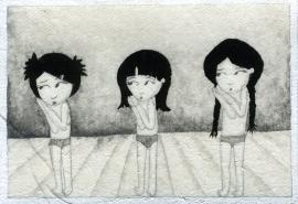 Artwork by Kyung Jeon titled Photo Album: Girl with Pink Barrette- Three On Stage, 2008, Gouache, graphite, watercolor on rice paper on canvas, 3 x 4.25 inches, 7.6 x 10.8 cm