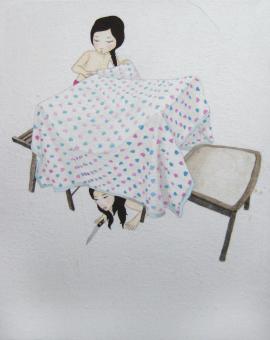 Artwork by Kyung Jeon titled Baby Blanket Tent, 2011, Gouache, watercolor, pencil on rice paper on canvas, 10 x 8 inches, 25.4 x 20.3 cm