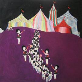 Artwork by Kyung Jeon titled Karnival Tents, 2011, Gouache, watercolor, pencil on rice paper on canvas, 30 x 30 inches, 76.2 x 76.2 cm