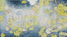 Artwork by Kyung Jeon titled Waterlilies Big Splash, 2012, Watercolor, gouache, pencil on rice paper on canvas, 59.5 x 108 inches, 151.1 x 274.3 cm
