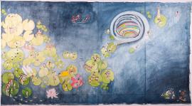 Artwork by Kyung Jeon title Waterlilies Whirlpool, 2012, Watercolor, gouache, pencil on Hanji paper on canvas, 59 1/2 x 108 inches, 151.1 x 274.3 cm