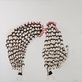 Artwork by Kyung Jeon titled Cockfight, 2013, gouache, pencil on Hanji paper/wood panel, 18.25 x 18.25 inches, 46.4 x 46.4 cm