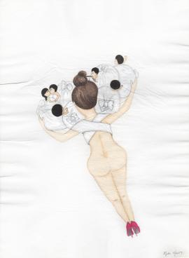 Artwork by Kyung Jeon titled Baby Bundles Carrying on Shoulders, 2017, Pencil, gouache on Hanshi rice paper, 13 x 9 1/2 inches, 33 x 24.1 cm
