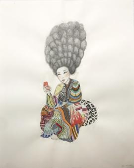Artwork by Kyung Jeon titled Korean Updo with Missoni, 2017, Pencil, watercolor, gouache, glitter on Hanji paper/paper, 20 x 16.25 inches, 50.8 x 41.9 cm