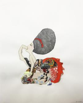 Artwork by Kyung Jeon titled Updo Backflip with Valentino, 2014, Pencil, watercolor, gouache, glitter on Hanji paper/paper, 20 x 16.25 inches, 50.8 x 41.3 cm