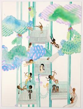 Artwork by Kyung Jeon titled Treehouse Urban Jungle Gym Cribs, 2019, Gouache, watercolor, graphite on paper