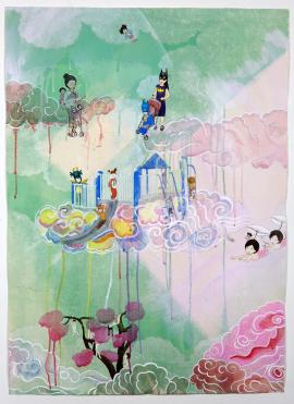 Kyung Jeon, Urban Jungle Gym Storm Clouds, 2019, Gouache, watercolor, graphite, acrylic on Hanji paper on canvas