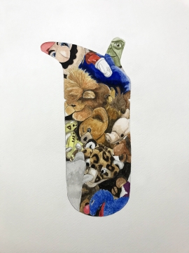 Artwork by Kyung Jeon titled Water Bottle Stuffie: Vessel of my son's everyday objects, 2020, Watercolor on paper, 14 x 11 inches, 35.56 x 27.94 cm